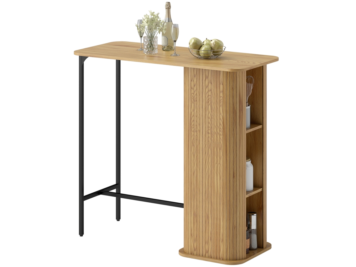 Mesa alta de bar com 3 prateleiras pernas de metal madeira natural S/MARCA