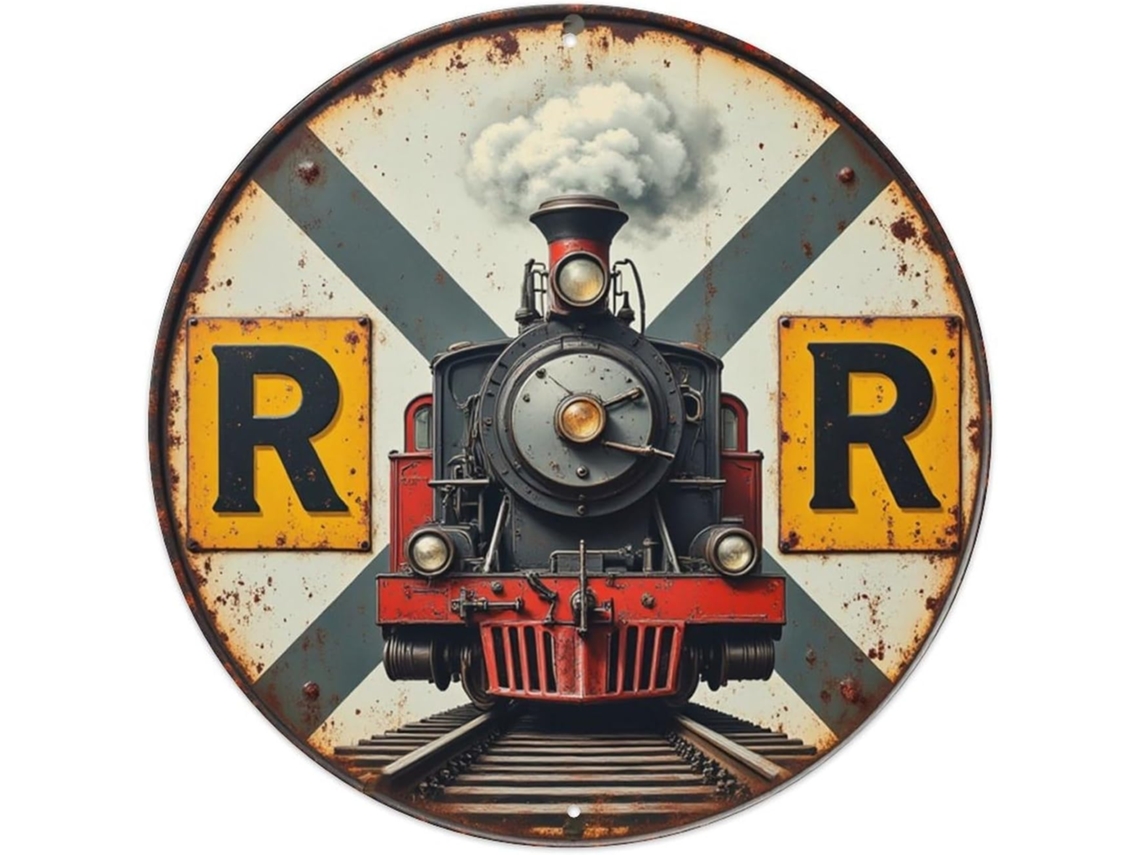 Placa Metálica Redonda Retrô Com Trem E Ferrovia Enferrujados Para Bar, Casa, Escritório, Espaço Masculino, 20