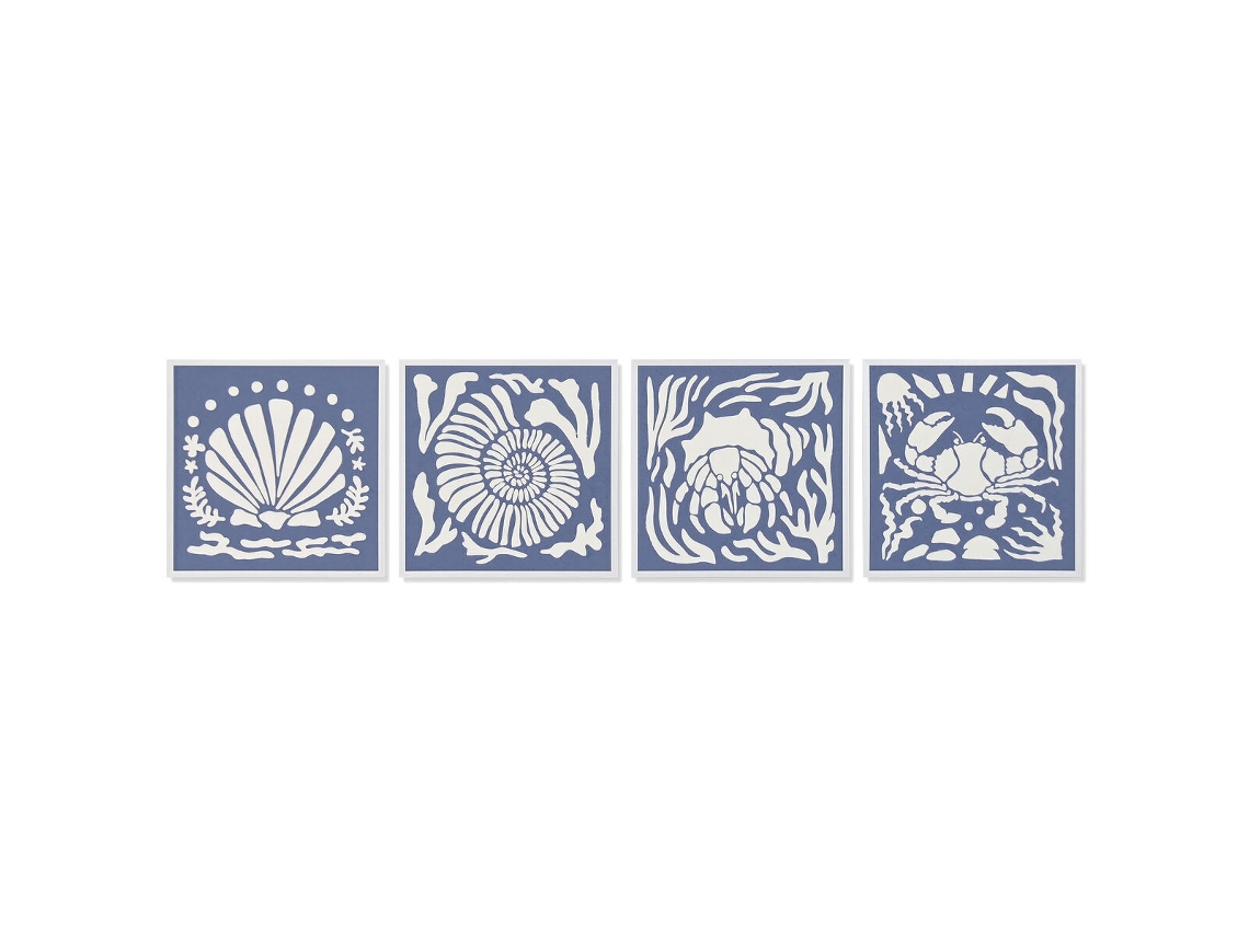 Pintura Home Esprit Azul Branco Conchas Mediterrâneo 50 X 3 X 50 Cm (4 Unidades)