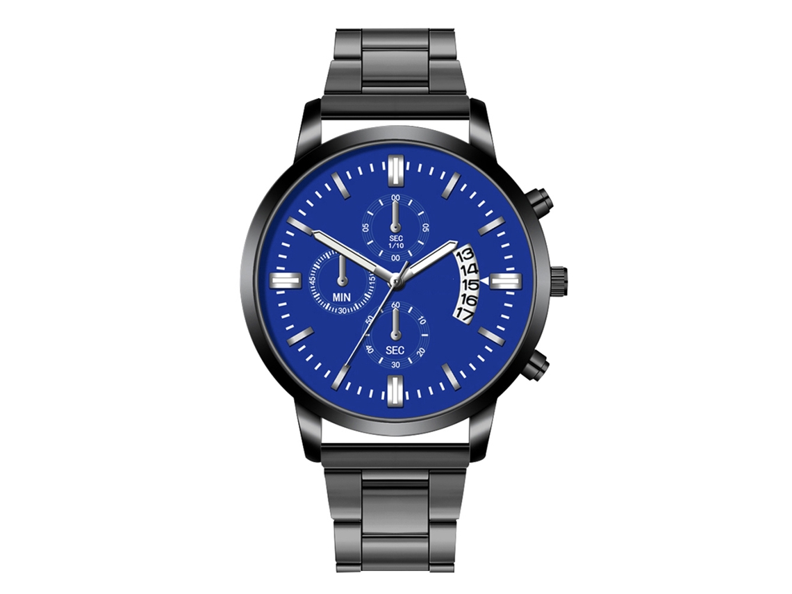 Relógio masculino de quartzo, calendário, mostrador redondo, pulseira de aço preta e azul.