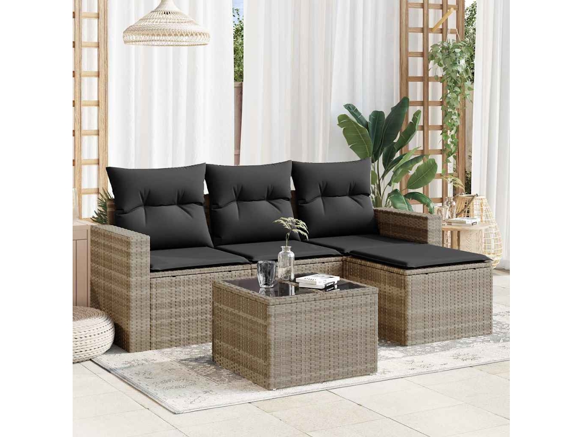 Vidaxl 5 Pcs Conj. Sofás Jardim C/ Almofadões Vime Pe Cinzento-claro