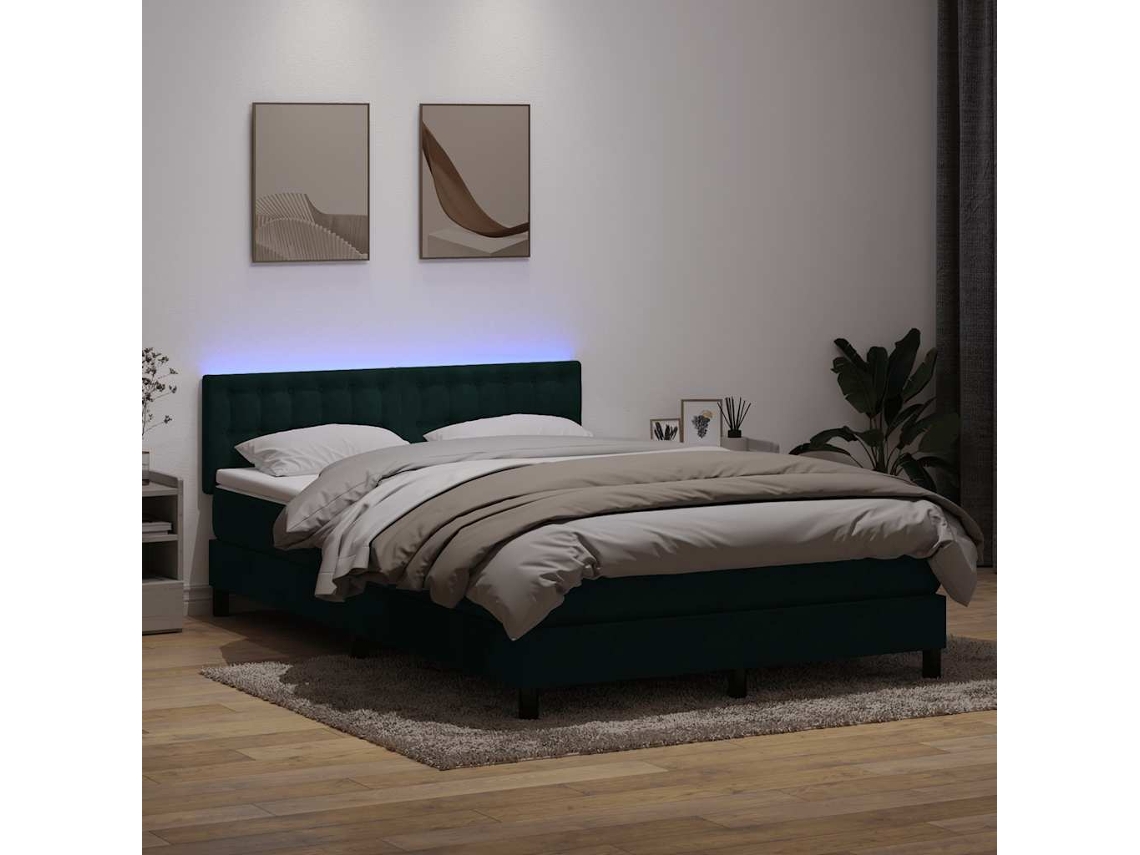Vidaxl Cama Box Spring C/ Colchão E Led 160x220 Cm Veludo Verde-escuro