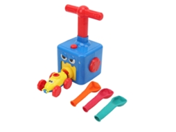 Carrinho de brinquedo com conjunto de experimento científico, incluindo bolas motorizadas e bomba manual para crianças.