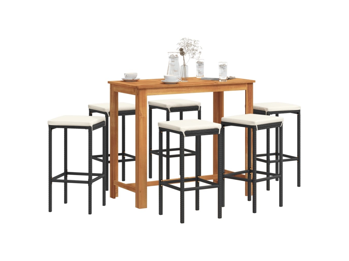 Vidaxl 7 Pcs Conjunto De Bar Para Jardim Vime Pe/acácia Maciça Preto