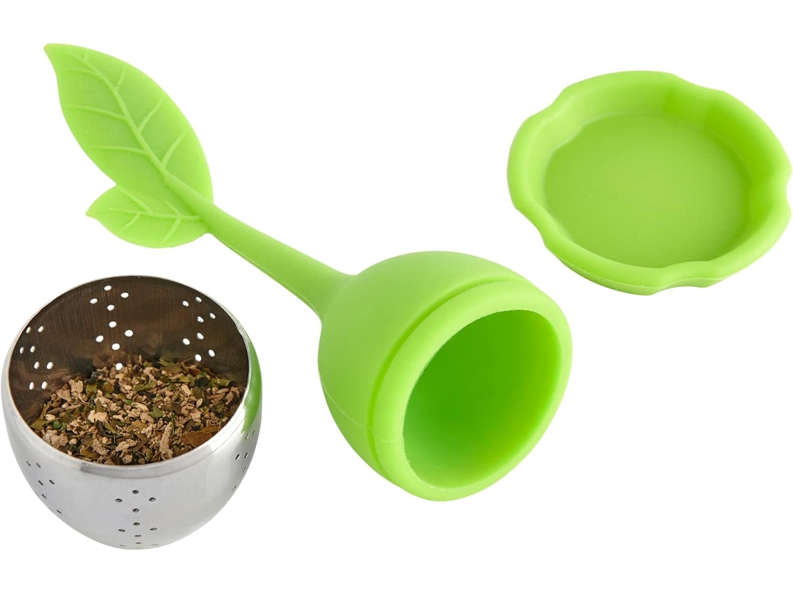 Infusor De Chá Folhas Soltas Com Bandeja Coletora, Para Chás De Folhas Soltas E Ervas, Aço Inoxidável 18/8 E Silicone Verde