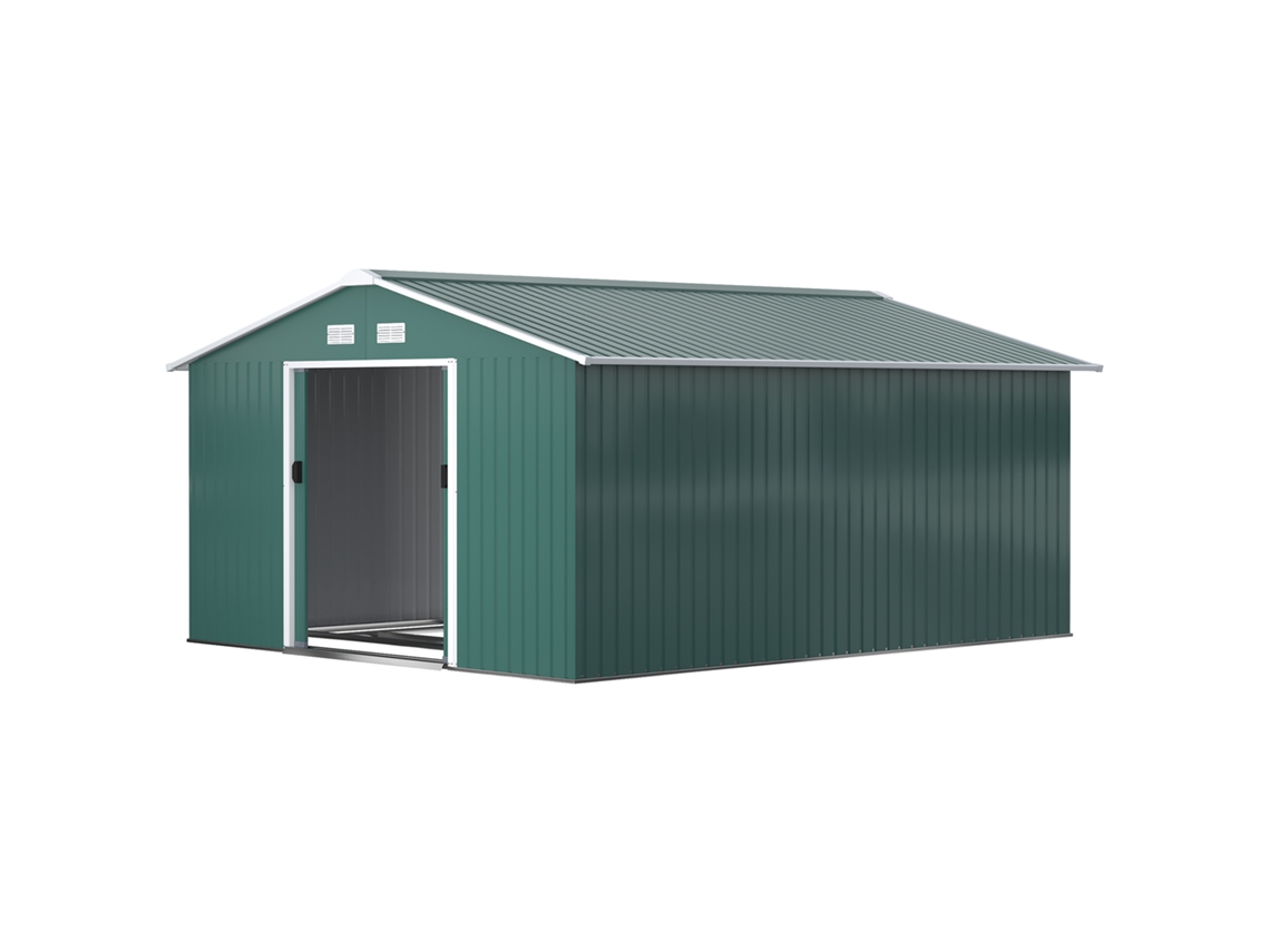 Galpão de Jardim 12,4m² com 2 portas deslizantes, reforço de base, verde 340x386x200 Cm | S/MARCA