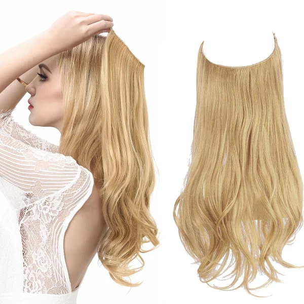Extensões de Cabelo Sintético com Presilha, Onduladas, Ombré Natural Preto, Loiro e Rosa, em Peça Única, Estilo Fio de Peixe AQUAFORGE