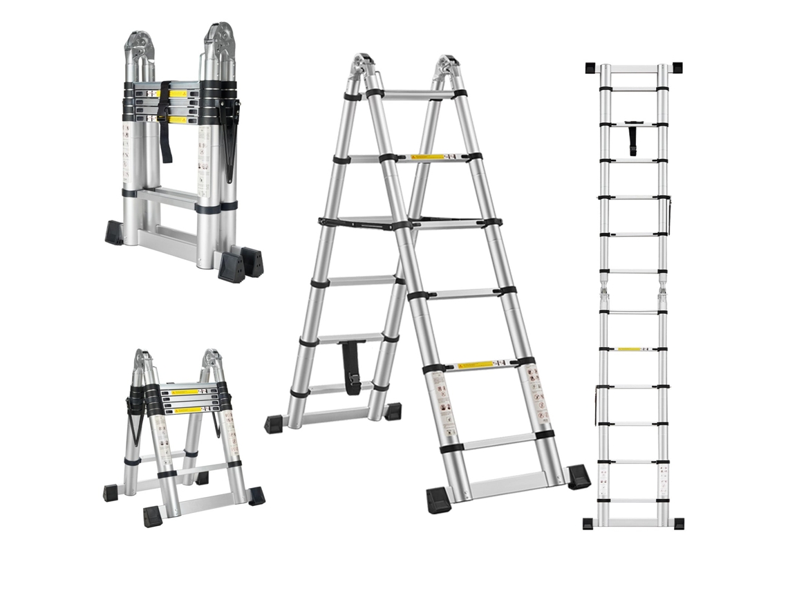 Escada Telescópica Dobrável 2 Em 1 3,8 M (1,9 + 1,9), Alumínio, Capacidade De Carga 150 Kg, Prata