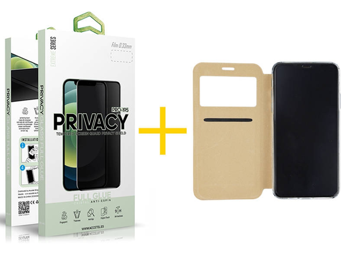 Kit Capa e Película Samsung Galaxy M12 SKYHE Anti Spy Gandy Flip (Dourado)