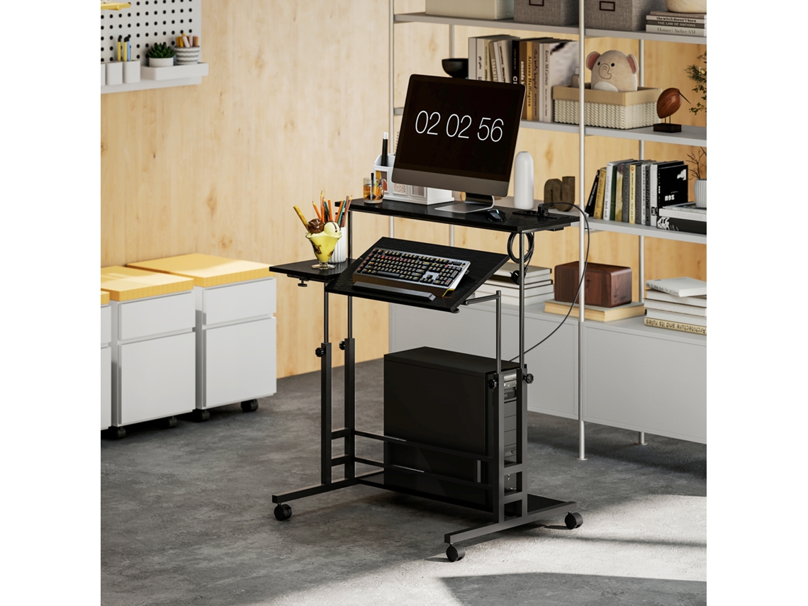 Escritorio Elevable Con Ruedas Enchufes Puertos Usb Altura Ajustable Panel Central Inclinado Y Estante 80x60 Cm Negro