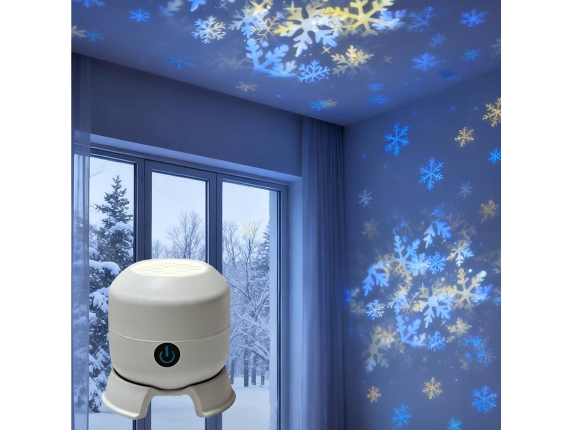Projetor de luz LED dinâmico com rotação de 360° no formato Floco Neve.