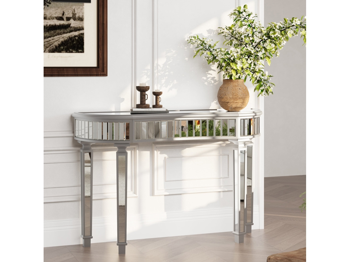 Mesa Consola Meia lua 120 Cm Luxo, Espelho Canelado, Gaveta com Puxador de Vidro Cinza/prata NOVELA