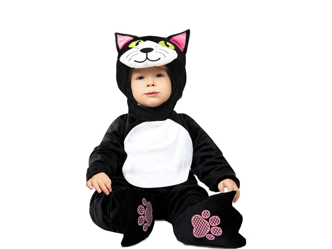 Fato de gato preto e branco com capuz para bebé
