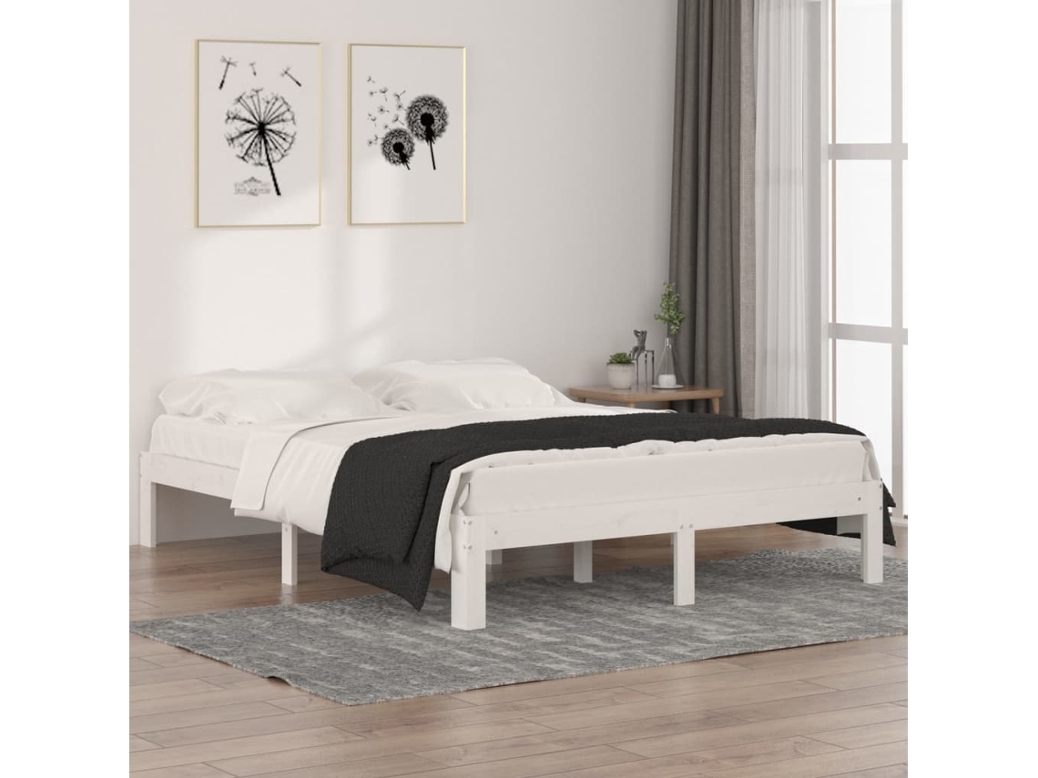 Vidaxl Estrutura de Cama King 150x200 Cm Madeira Maciça Branco