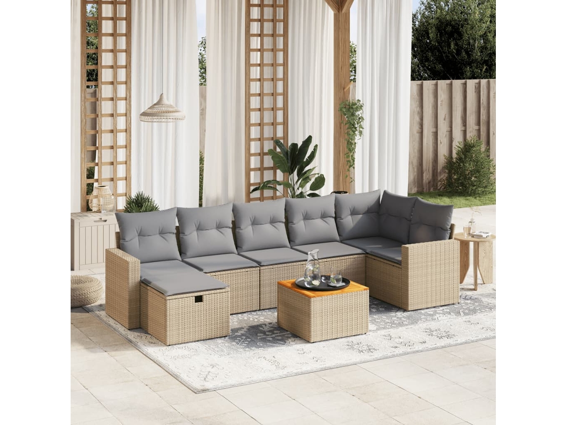 Vidaxl 8 Pcs Conj. Sofás Jardim C/ Almofadões Vime Pe Bege Misturado