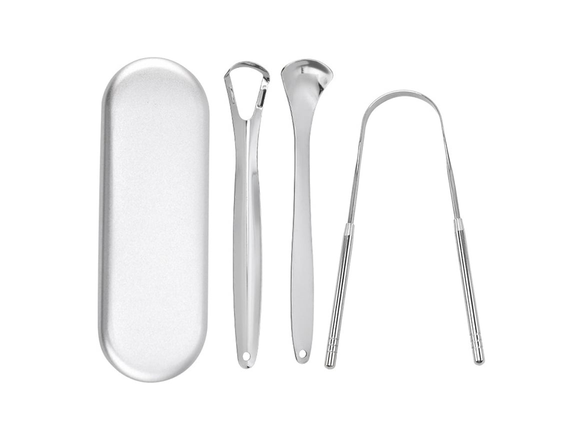Conjunto de Raspadores de Língua em Aço Inoxidável, 3 Peças, Compacto, Recarregável, Uso Diário, Higiênico STELASPLEN