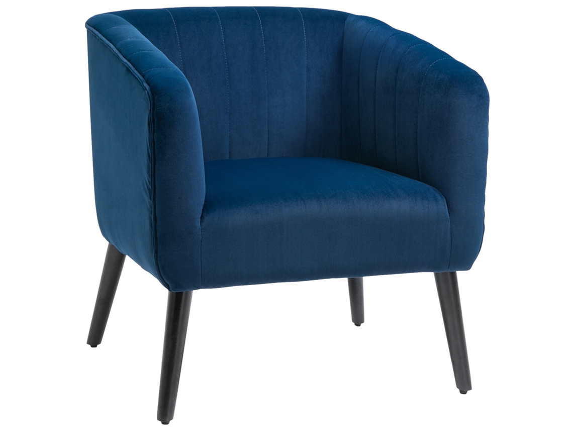Poltrona Moderna Estofada Estilo Nórdico. Estofamento de Veludo e Pernas de Madeira. Azul. 70,5x70x76cm Ge