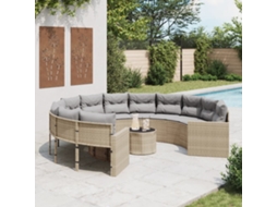 Vidaxl Sofá De Jardim Com Mesa E Almofadões Redondo Vime Pe Bege