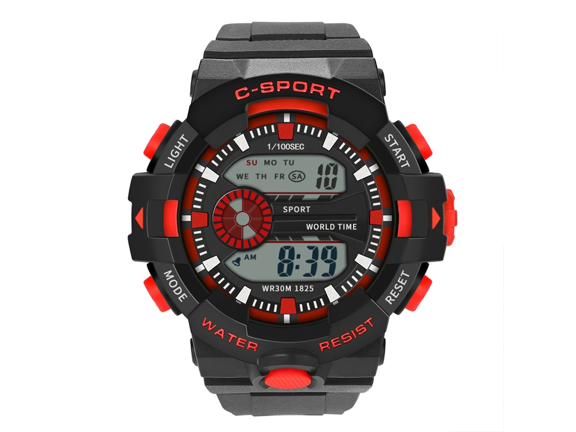Relógio eletrônico esportivo masculino com LED, estilo casual, pulseira vermelha.