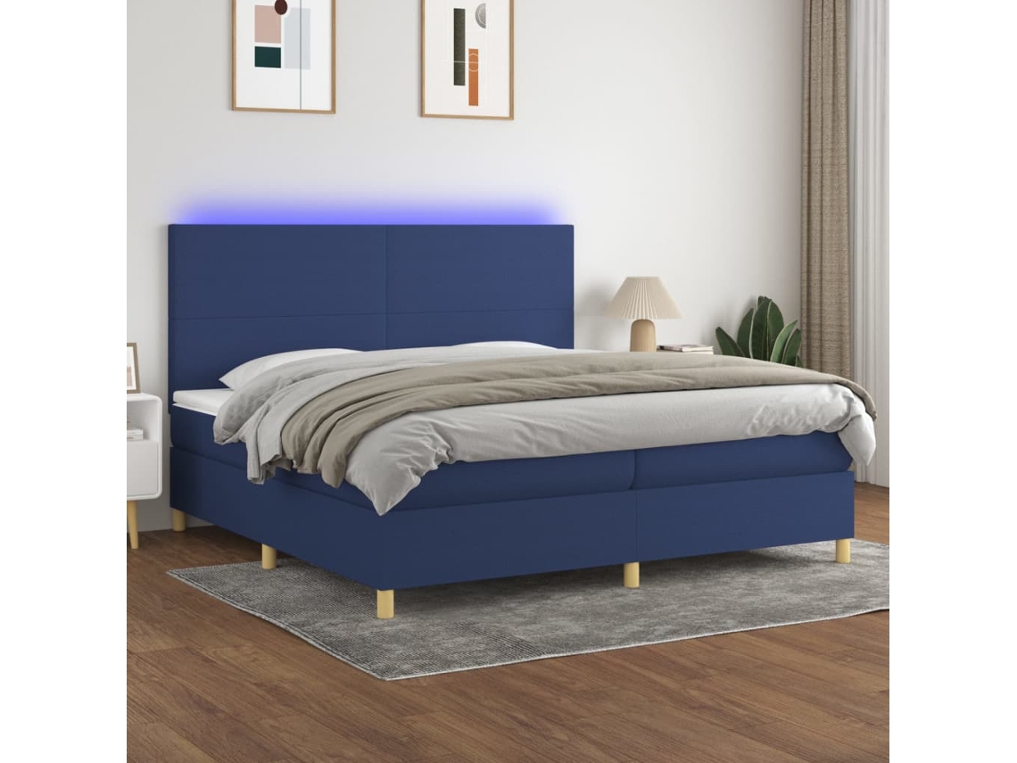 Vidaxl Cama Box Spring C/ Colchão E Led 200x200 Cm Tecido Azul