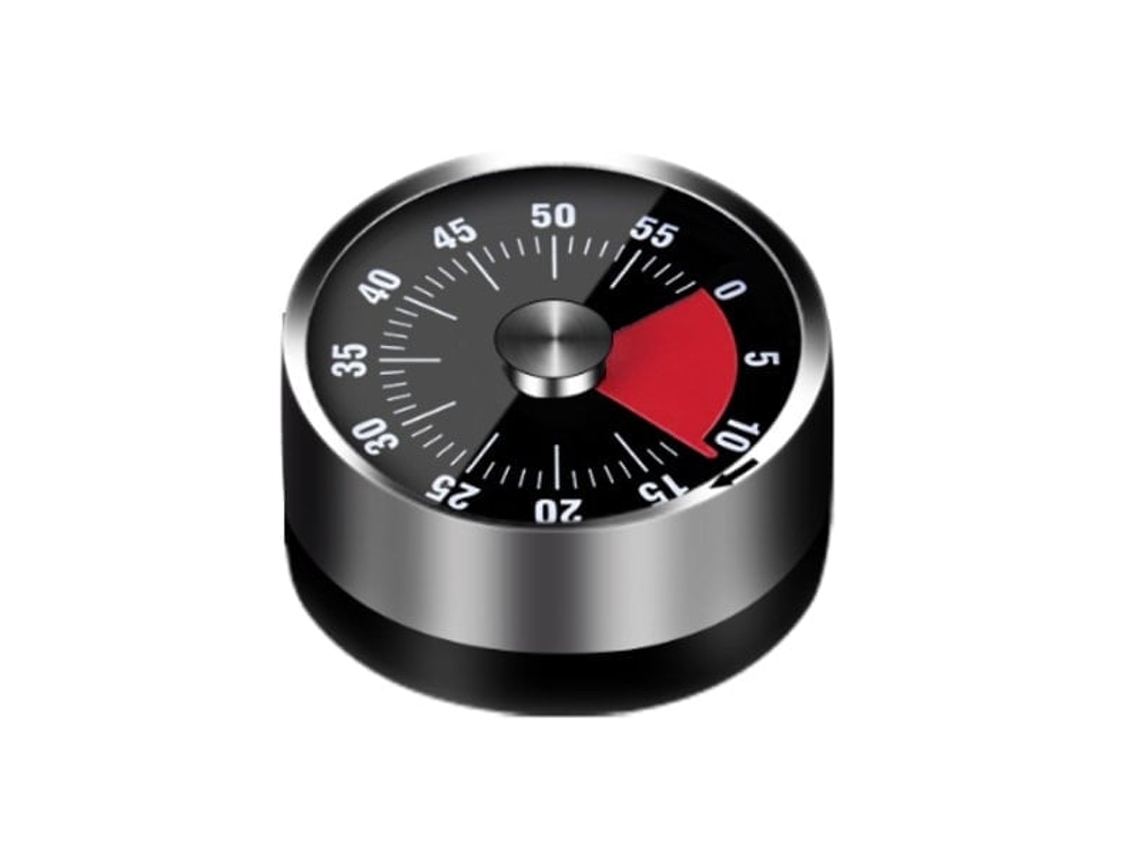 Temporizador Mecânico Redondo, 60 Minutos, Alarme Sonoro, Visor em Aço Inoxidável, Preto AQUAFORGE