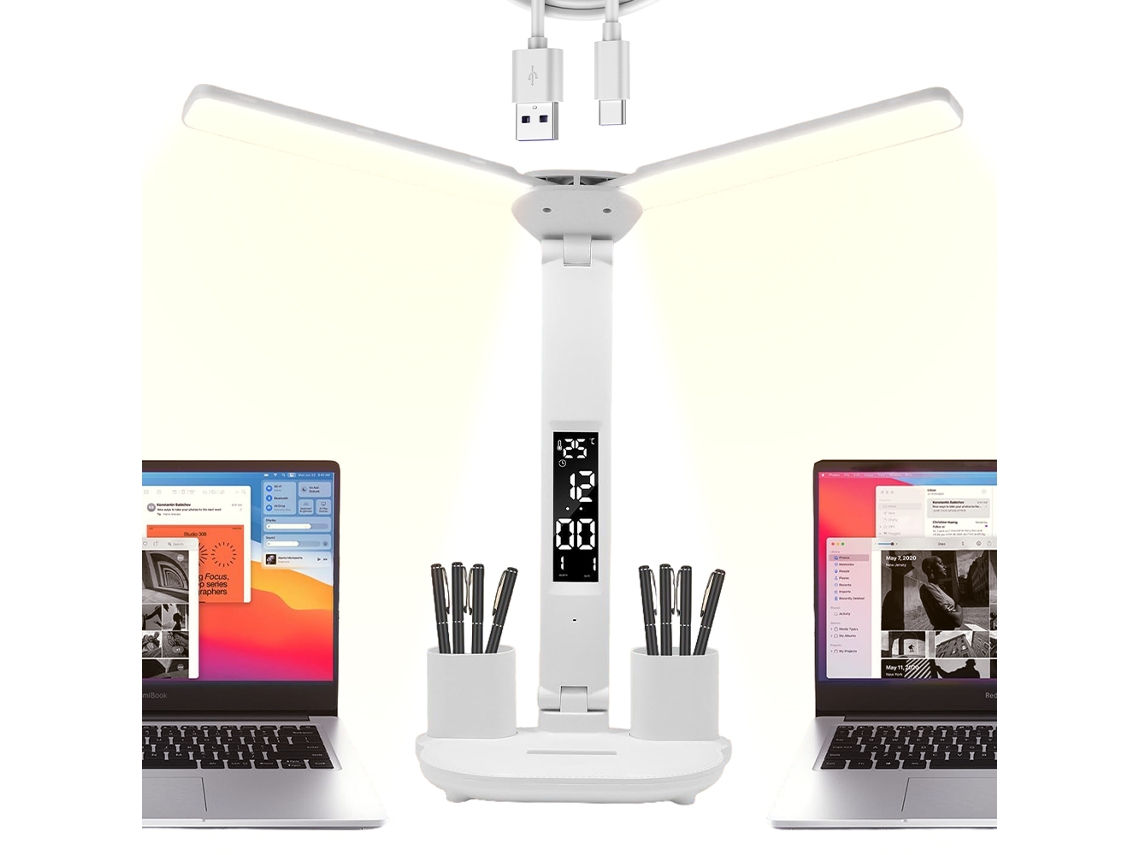 MEOIRUERY Luminária De Mesa Com Modo Âmbar E Duas Cabeças, Luminária De Mesa Multifuncional Com Modo Natural, Suporte Para Caneta E Relógio, Temperatura, Contro