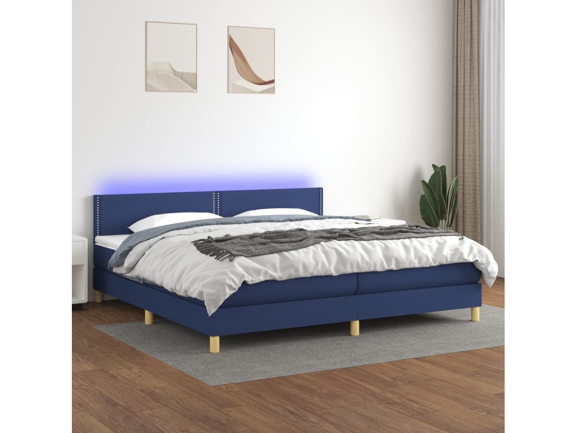 Vidaxl Cama Box Spring C/ Colchão E Led 200x200 Cm Tecido Azul