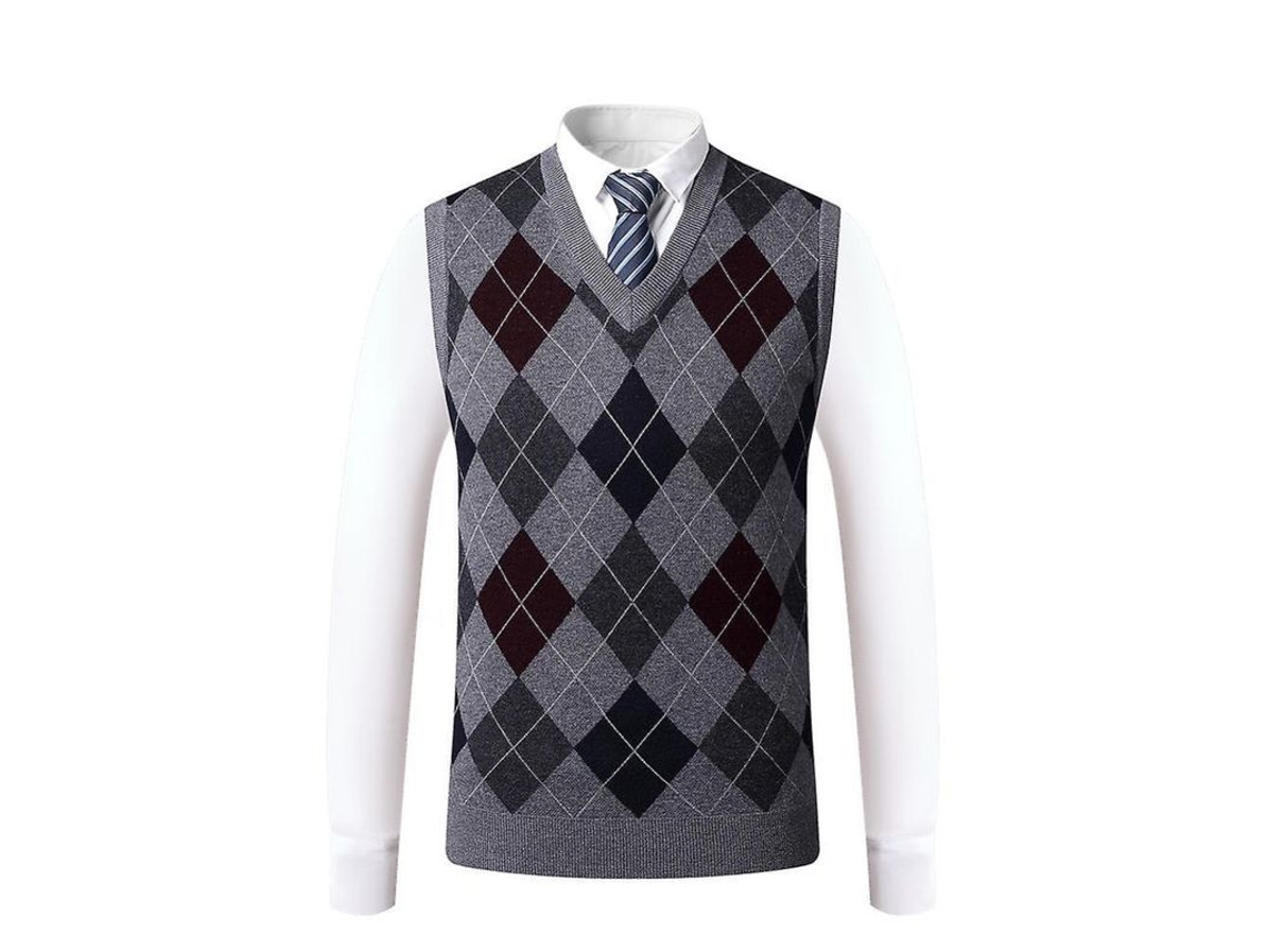 2026 chaleco Sem Mangas de Lã para Homem, Gola V, Estilo Slim, Padrão Argyle, Lavagem À Mão XL Gris