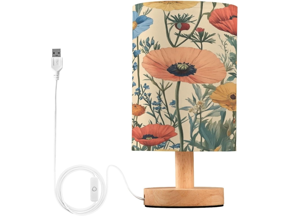 Luminária De Cabeceira Led Poppy Wildflowers, Com Cúpula De Tecido, Base De Madeira E Porta Usb, Ideal Para Quarto