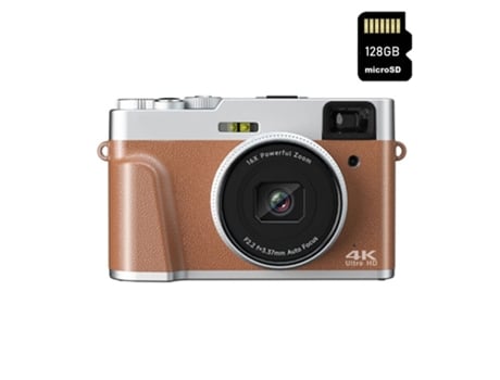 Máquinas Fotográficas Compactas VIGA EUROPE Dc202L 4K 48Mp com Foco Automático Zoom 16X 2 8 Polegadas Tela 128Gb- Marrom