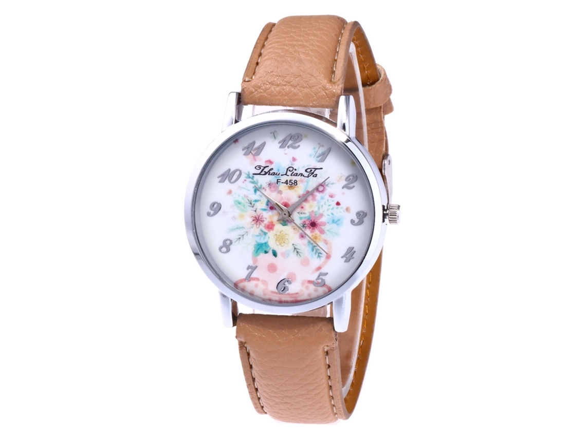 Relógio feminino Zhoulianfa Geneva com pulseira de couro, mecanismo de quartzo, estampa de margaridas F-458a creme