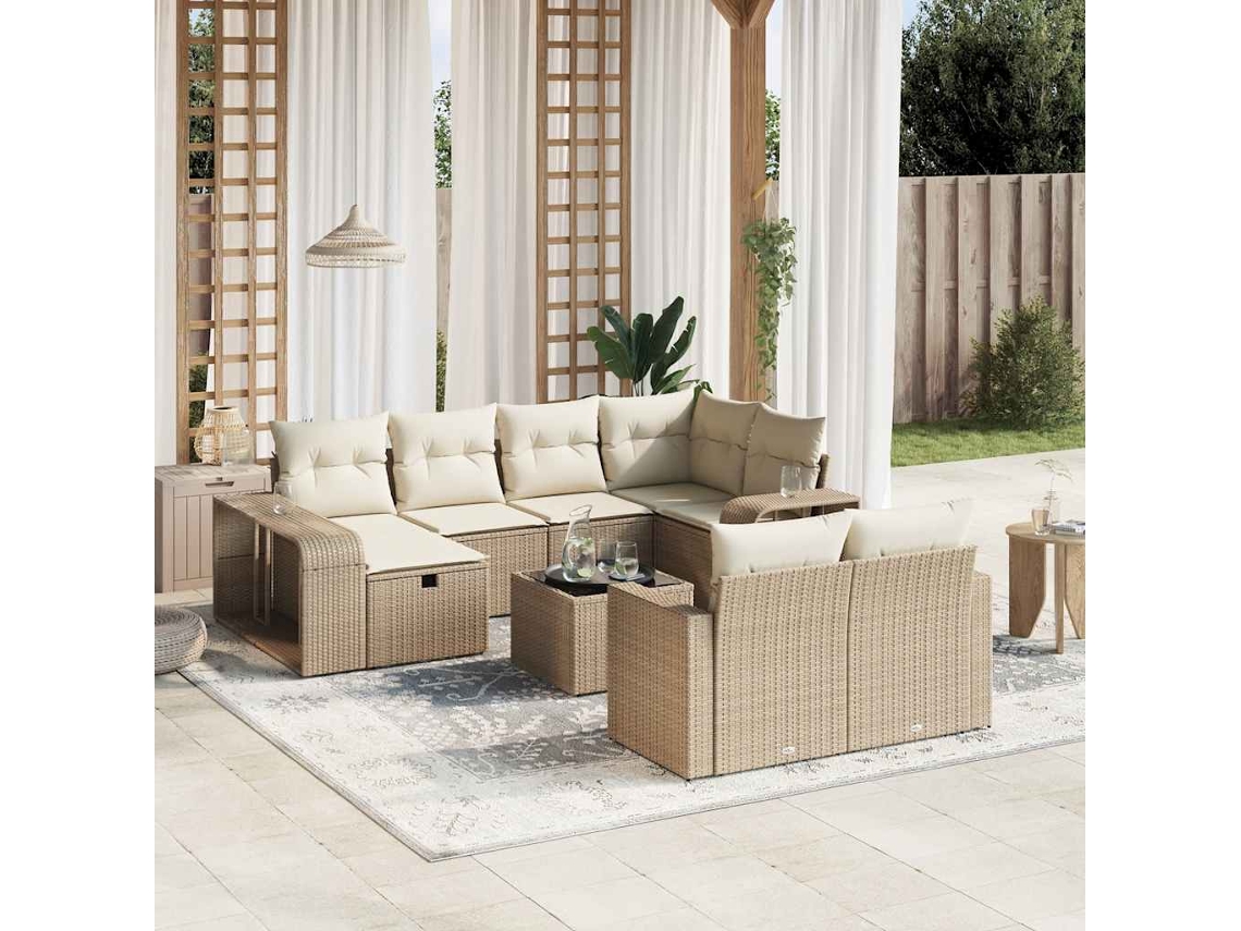 Vidaxl 11 Pcs Conjunto Sofás De Jardim C/ Almofadões Vime Pe Bege