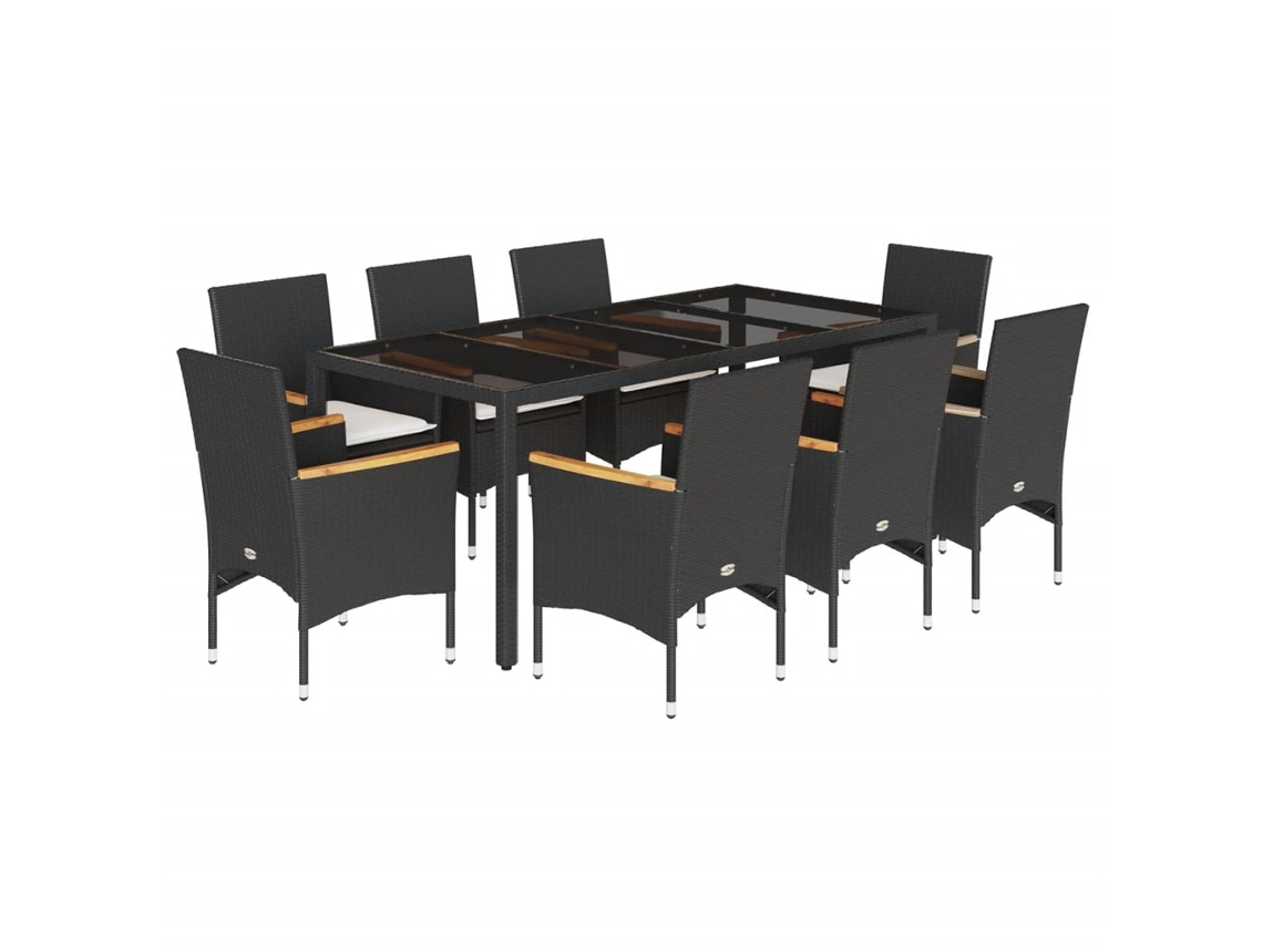 Conjunto de 9 Jantar Jardim com Almofadões Vime Pe/vidro Preto MAISON EXCLUSIVE