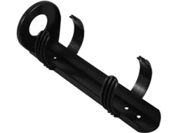 Suporte para extintor de incêndio veicular em PVC preto, montagem rápida.