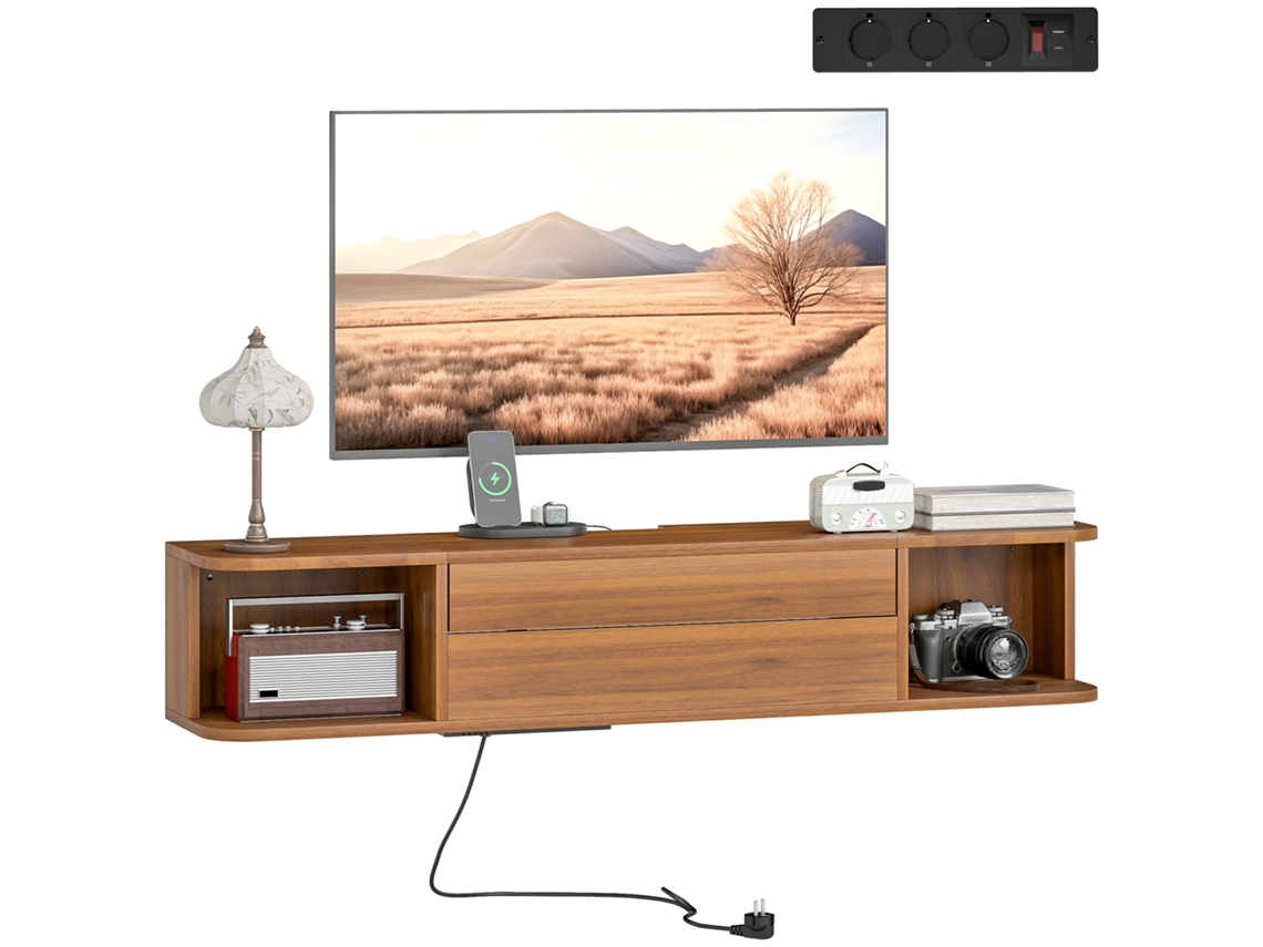 Suporte De Parede Para Tv De Até 50" Com Tomadas Elétricas, Usb E Tipo-c, Gaveta E Prateleiras, 120x24x22,4 Cm, Nogueira