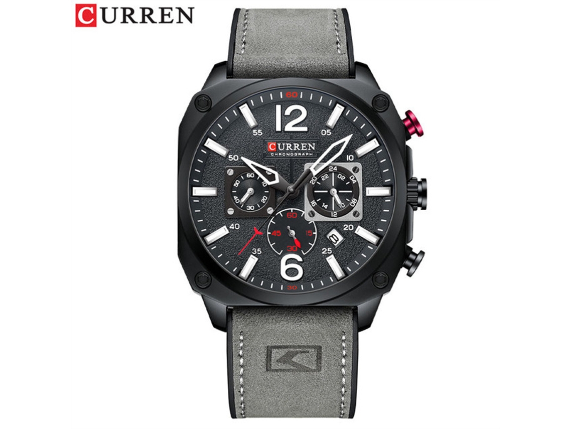 Relógio Casual Masculino com Pulseira de Couro, Cronógrafo, Pequenos Segundos e Data MDUG (cinza e Preto)