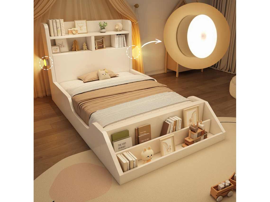 Cama De Madeira Solteiro 90x200cm Prateleiras Luzes Noturnas Estante Branca