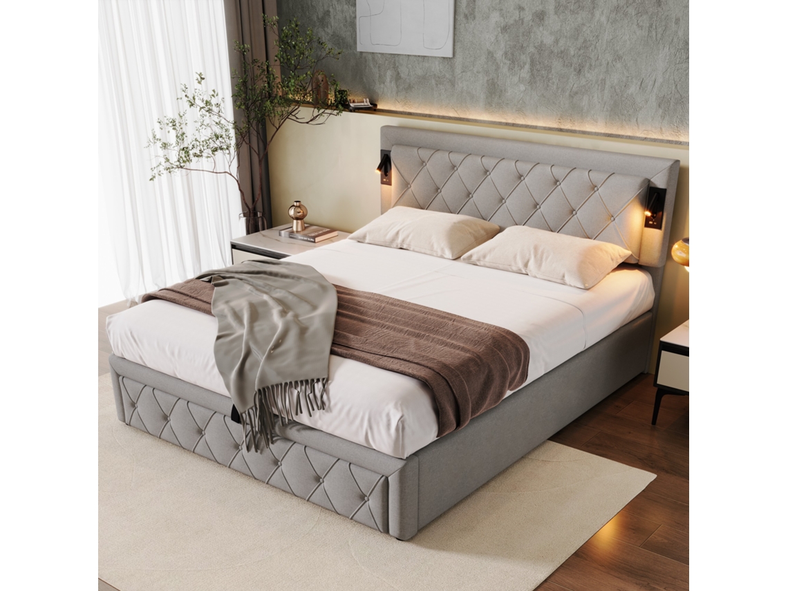 Cama Estofada 160x200 Led Usb Diamante Hidráulico Cinza