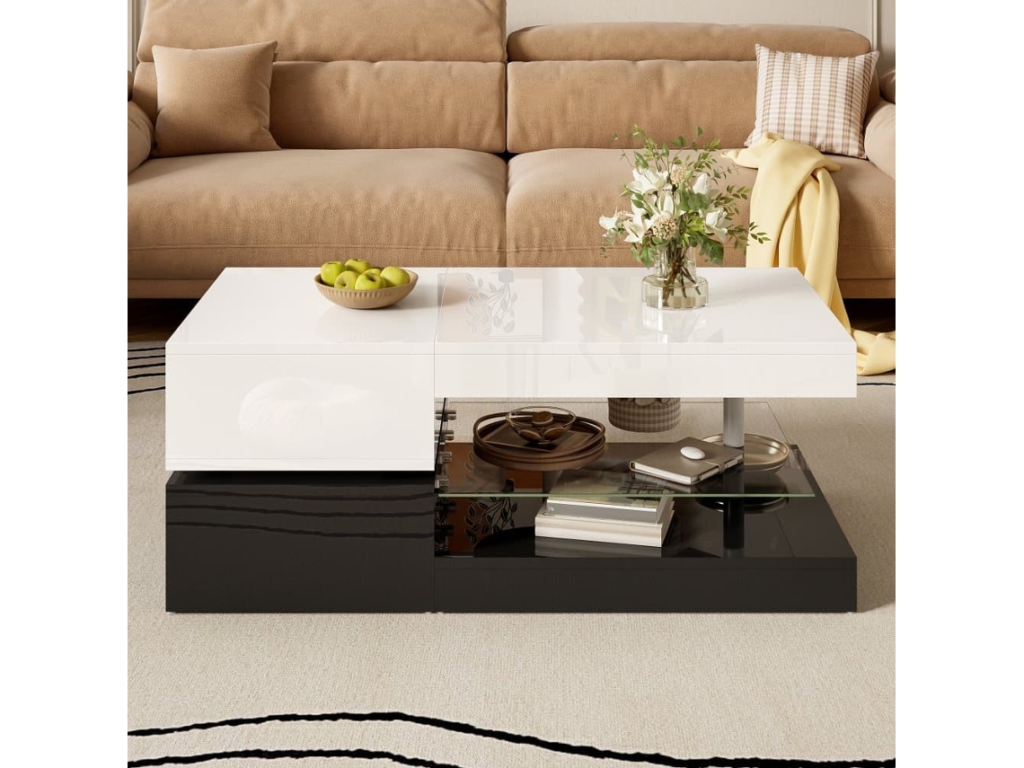 Mesa De Centro 90x45x35,5 Cm - Led, Controlo App E Bluetooth, Prateleira De Vidro, Design Preto E Branco