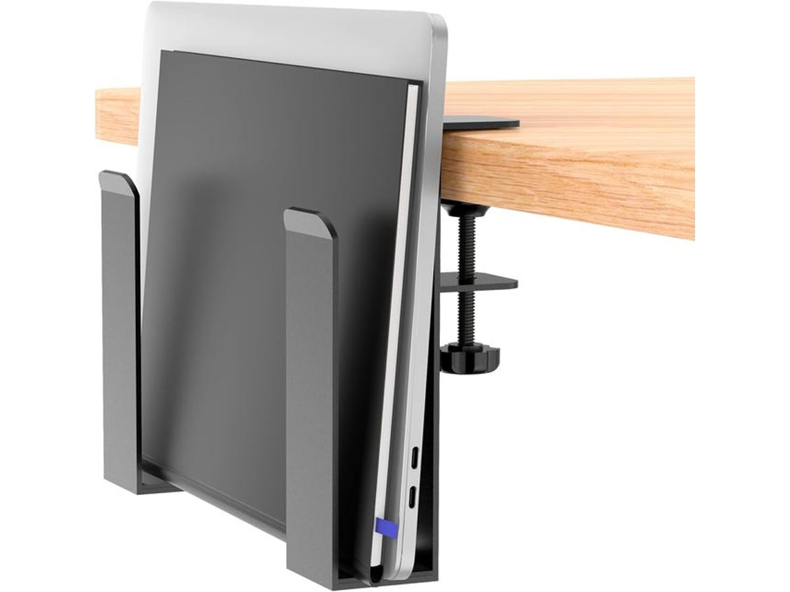Suporte lateral ajustável para laptop, mesa de centro com compartimentos para guardar objetos e almofadas de silicone antiderrapantes.