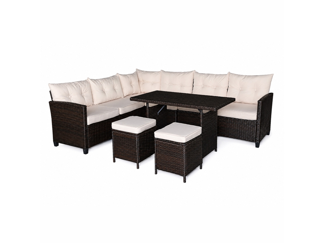 Rabi conjunto de jardim 9 lugares com mesa em resina trançada castanha e bege CONCEPT U