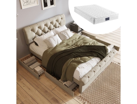 Estrutura De Cama Com 4 Gavetas, Cama De Casal 140x200cm, Cabeceira Regulável Em Altura, Cama Funcional, Cor Natural (com Colchão)