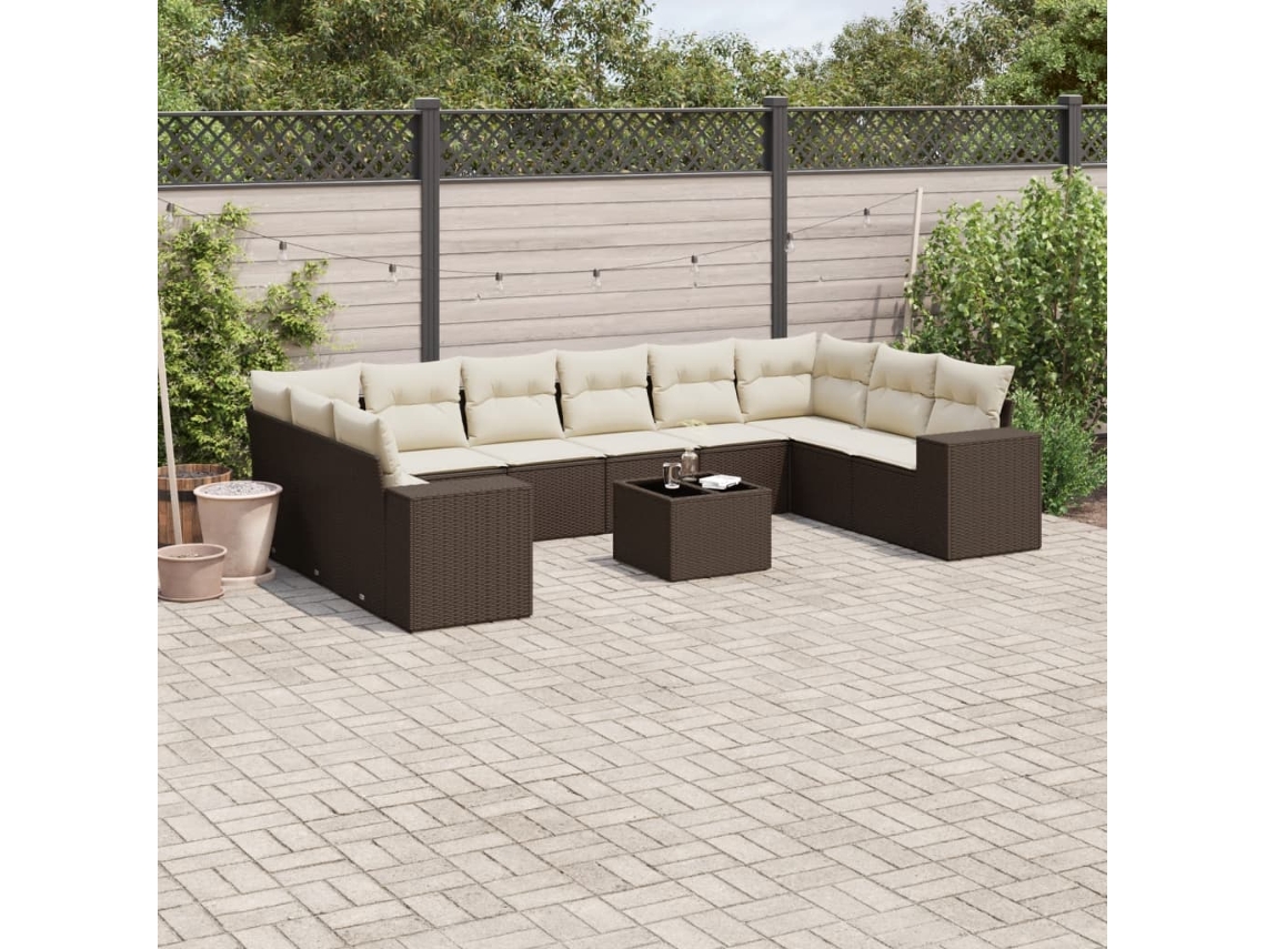 Vidaxl 11 Pcs Conjunto Sofás De Jardim C/ Almofadões Vime Pe Castanho