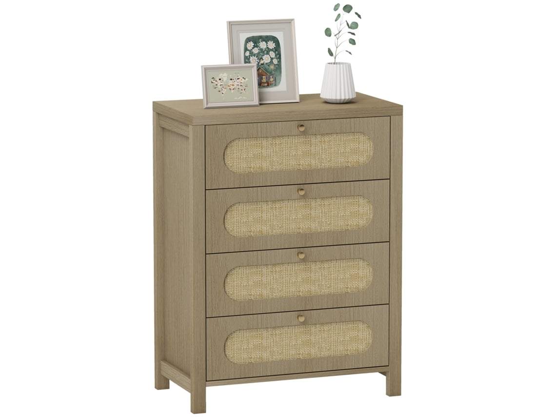 Cômoda De Estilo Boêmio Com 4 Gavetas E Portas Em Resina Trançada, 70 X 38 X 93 Cm, Efeito Madeira Natural.