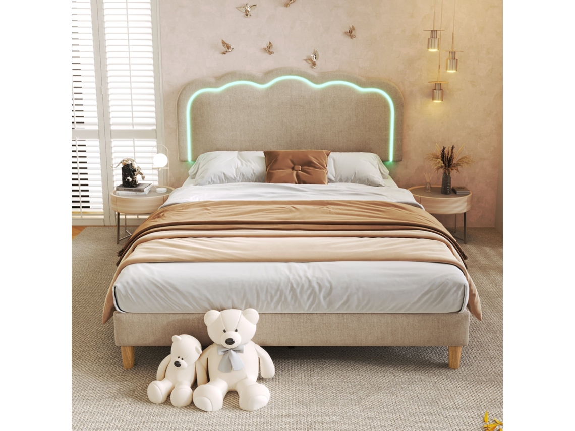 Cama Casal 140x200cm Linho, Led, Cabeceira Ajustável, Estrado, Bege KOMHTOM