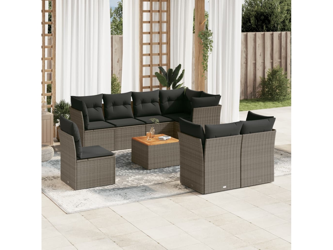 Jogo 9 Peças Sofás P/ Jardin Com Almofadões Vime Pe Cinza Dkd Home Decor