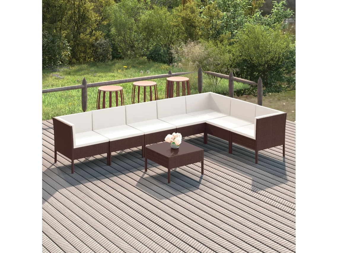 Vidaxl 8 Pcs Conjunto Lounge Jardim C/ Almofadões Vime Pe Castanho