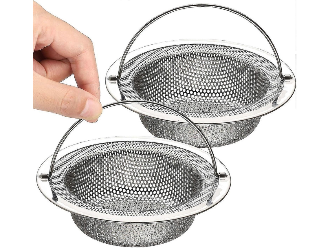 Ralo de pia de cozinha em aço inoxidável com alça e furos densos, 11 cm, 2 peças.