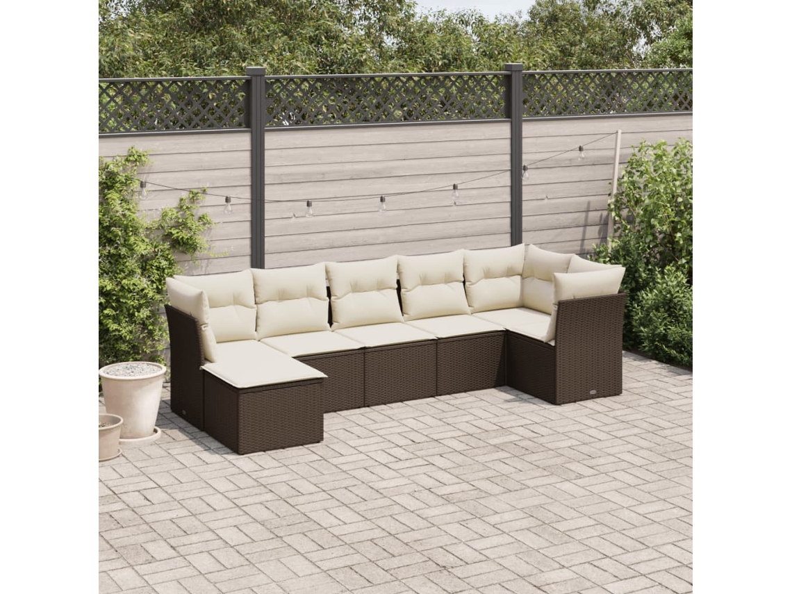 Conjunto de Sofás 7 Peças Jardim C/ Almofadões Vime Pe Castanho Dkd Home Decor