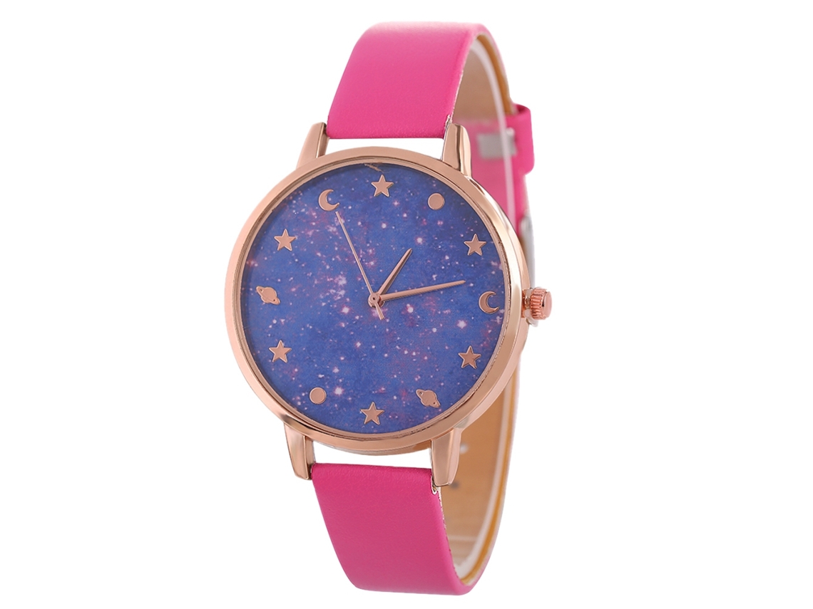 Relógio de Pulso Feminino de Quartzo com Pulseira de Couro e Esfera Céu Estrelado Roxo (rosa Vermelho)